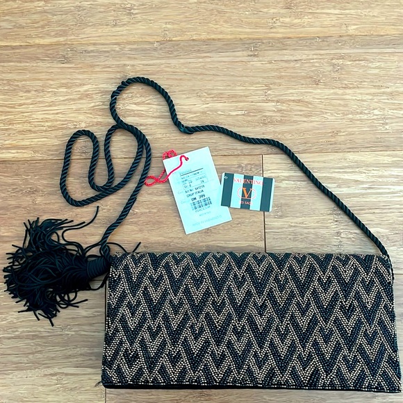 Vintage Valentino evening black and gold sequin hand bag clutch - Picture 1 of 9